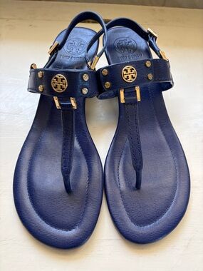 Tory Burch Navy Thong Sandals with Gold Logo Accents